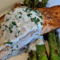 Pan Seared Salmon · 8oz Atlantic Salmon with asparagus and red rice grain blend served with a side of brown butt...