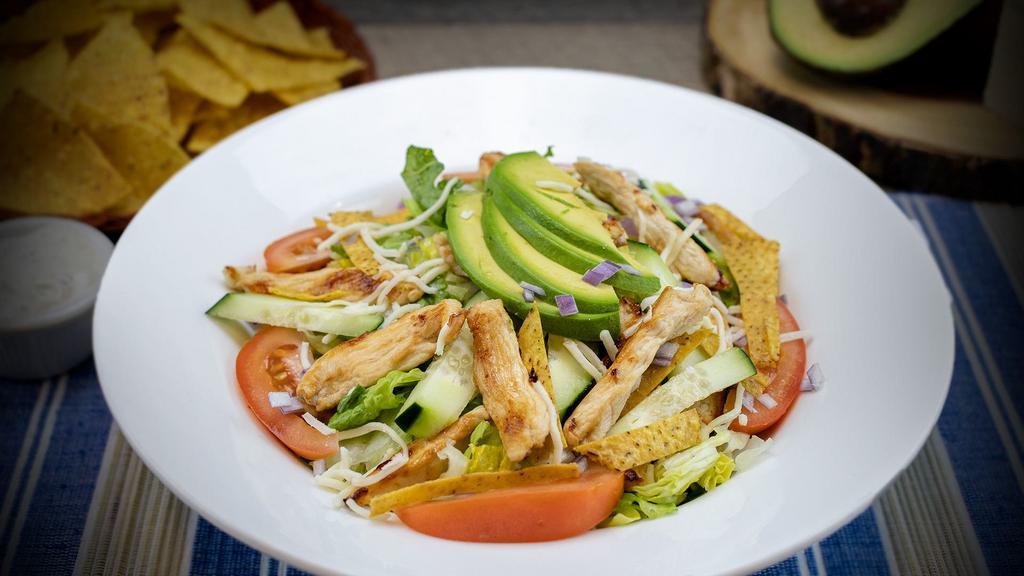 Grilled Chicken Salad · Our specially prepared house salad with freshly prepared grilled chicken, slices of avocado, tomatoes, and cheese on crisp Iceberg lettuce. Ranch dressing on the side.