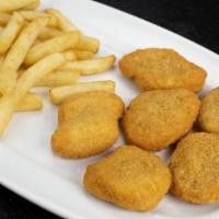 Pollos Con Papas Fritas · Chicken nuggets with fries.