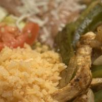 Chicken Fajitas · Green pepper, onion. Served with rice and beans.