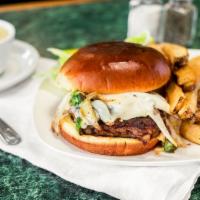 Jalapeno Burger · Grilled onions, lettuce, tomato, and pepper jack cheese.