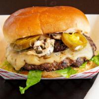 Spanish Beef · 1/3 pound patty, habanero aloe, grilled jalapeno, leaf lettuce, and pepper jack cheese.