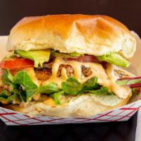 Grilled Chicken · 1/4 pound chicken, chipotle aioli, mixed greens, roma tomato, avocado, and swiss cheese.