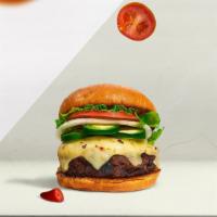Jaded Jalapeno Burger · Halal beef patty topped with melted cheese, jalapenos, lettuce, tomato, onion, and pickles.