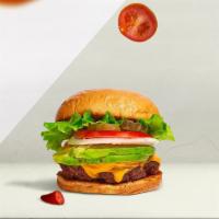 Avocado Avenue Burger · Halal beef patty topped with avocado, melted cheese, lettuce, tomato, onion, and pickles.