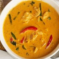 Red Curry · Mild. Bamboo shoots, Thai eggplant, bell pepper and basil in red curry.