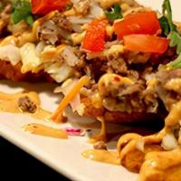 Colombian Patacones · (4) Fried green plantain . slices topped with cabbage salad, ground beef, pico de gallo and ...