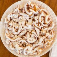 8 Inch Funnel Cake · Round funnel cake topped with powdered sugar.
