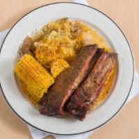 Garlic Rib Dinner · Served with garlic potatoes, corn on the cob, and a boiled egg. Can upgrade either potatoes ...