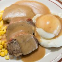 Baked Meatloaf Entree · With pan gravy. Includes potatoes, dinner rolls with butter and home-made soup of the day or...