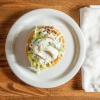 Sope Vegetariano / Vegetarian Sope · Sope with beans, lettuce, tomato, avocado, cheese, & sour cream.