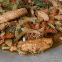 Chicken Fajitas · Gluten free. chicken, red & green peppers, tomatoes, onions, soy sauce. Served with guacamol...