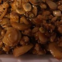 Cashew Chicken · Diced chicken, cashew, celery and bamboo shoot in a brown sauce.