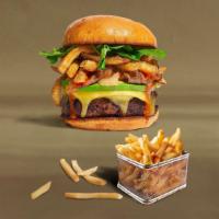 The Face Of French Fries Burger · American beef patty topped with fries, avocado, caramelized onions, ketchup, lettuce, tomato...