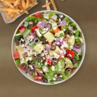 Greek God Salad · (Vegetarian) Romaine lettuce, cucumbers, tomatoes, red onions, olives, and feta cheese tosse...