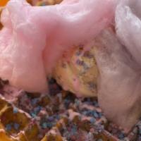 Waffle Sundae - Cotton Candy · waffle stuffed with cotton candy crunch, topped with pink marshmallow cream, a scoop of cott...