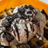 Waffle Sundae - Cookies & Cream · waffle stuffed with oreos, topped with a scoop of cookies and cream ice cream, sprinkled wit...