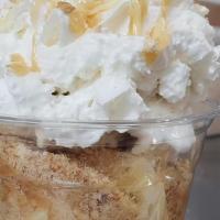 Banana Cream Pie Sundae · Banana pudding, vanilla waffers, banana cream pie ice cream, whip and caramel drizzle