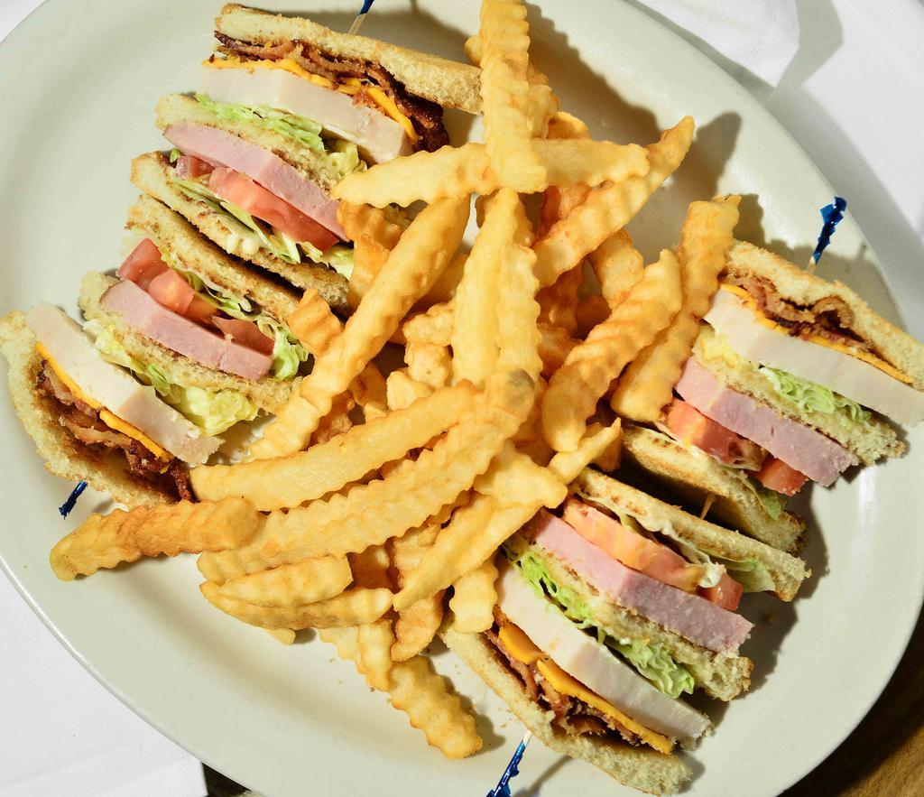 Club Sandwich · (3 slices of bread) double-decker, turkey ham sliced American cheese, bacon, lettuce, tomato, mayo.