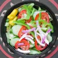 Italian Salad (Personal) · Tomatoes, cucumbers, green peppers, red onions, mozzarella cheese, and Italian dressing.