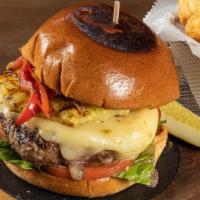 Ricky Bobby Burger · 10oz burger, pepper jack cheese, grilled red peppers and pineapple, lettuce, and tomato. Ser...
