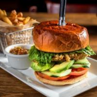 Veggie Burger · Meatless burger, white cheddar, tomato, sliced avocado, cucumber, lettuce, and brioche bun. ...
