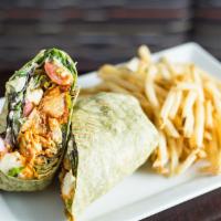 Buffalo Chicken Wrap · Crispy or grilled chicken, mixed greens, bleu cheese crumbles, shaved celery, cherry tomatoe...