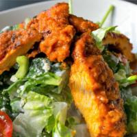Buffalo Chicken Salad · Crispy or grilled chicken, mixed greens, bleu cheese crumbles, shaved celery, cherry tomatoe...