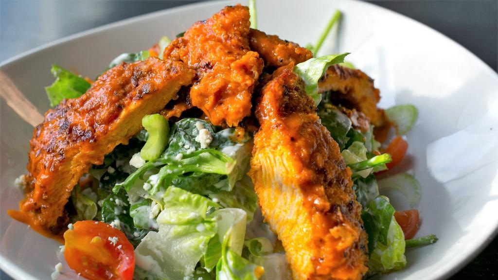 Buffalo Chicken Salad · Crispy or grilled chicken, mixed greens, bleu cheese crumbles, shaved celery, cherry tomatoes, ranch dressing