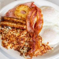 Sunrise Special Breakfast · 2 eggs, ham, 2 strips of bacon, 2 sausage links, hash browns, pineapple ring, toast, and jel...