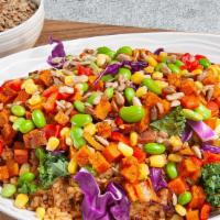 Chipotle Sweet Potato Bowl · Cilantro Brown Rice, Kale, Red Cabbage, Roasted Sweet Potatoes, Corn, Edamame, Red Peppers, ...