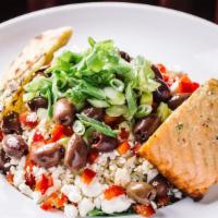 Atlantic Salmon & Orzo Pasta Spinach Salad · Kalamata olives, green onions, red bell peppers, Feta cheese.
