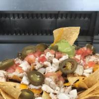 Nachos  Extavaganza · Home made Tortilla Chips, topped with Seasoned Ground Beef and Pork, Cheddar Cheese, Tomatos...