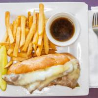 French Dip · Angus beef topped with melted Swiss cheese served on a hoagie with a side of au jus.
