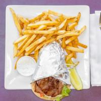 Gyros Sandwich · Seasoned lamb and beef hand carved and rolled in a pita with onions, lettuce, tomato and cuc...