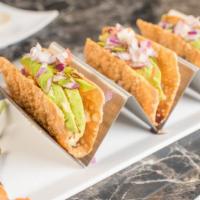 Sushi Tacos (3 Pcs) · Tempura battered white tuna in wonton taco shells, topped with guacamole, chiveche and sweet...