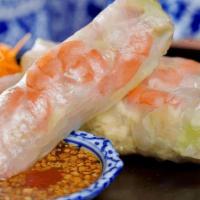 Spring Rolls · Fresh spring roll stuffed with shrimp, egg, lettuce, bean sprouts and cucumbers. Served with...