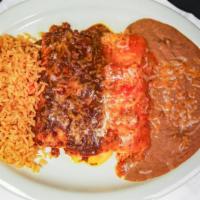 Enchiladas Dinner · All enchiladas come with three enchiladas, served with rice and refried beans. Your choice o...