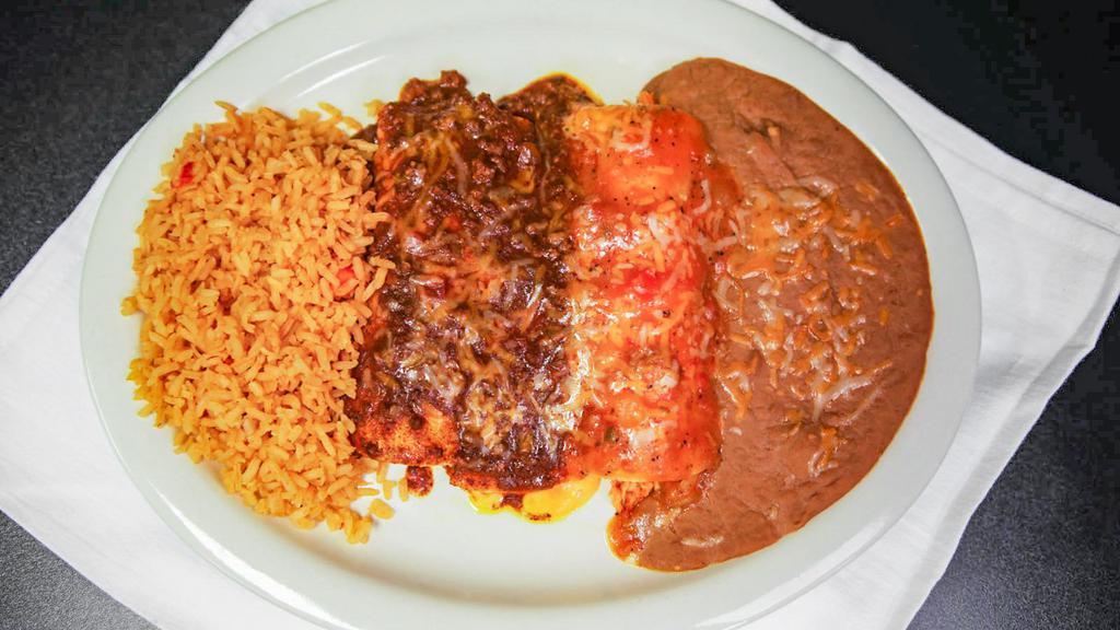 Enchiladas Dinner · All enchiladas come with three enchiladas, served with rice and refried beans. Your choice of: cheese with chili sauce, ground beef with chili sauce, shredded chicken with ranchera sauce, shredded beef with chili sauce.
