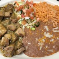 Chile Verde · Pork meat with green sauce. Served with rice, refried beans, pico de gallo and tortillas.