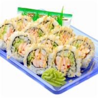 Spicy Shrimp Roll (2 30129 0140 ) · Inside out roll with baby shrimp, avocado, cucumber, and sesame seeds, spicy sauce on top.  ...