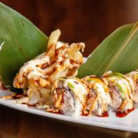 Zen Special Roll · Shrimp Tempura, spicy tuna, cream cheese top with Avocado and fried onion (EL, SM, Sweet mayo)