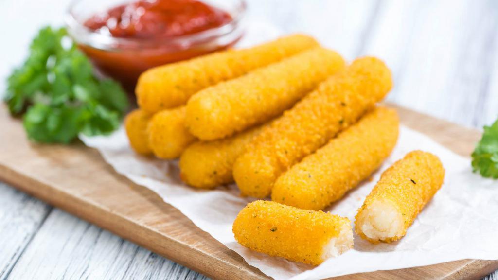 Mozzarella Sticks · Deep fried cheese sticks. Crispy on the outside, gooey on the inside. Served with a side of marinara sauce.