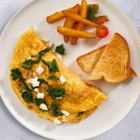 Spinach & Feta Omelette  · Three eggs, onion, tomato, and feta cheese cooked as an omelette served with hash brown, toa...