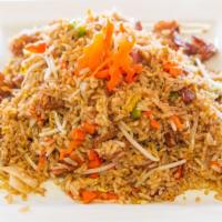 Bacon Fried Rice · Served with bacon. Fried rice, egg, garlic, carrots, green onions and bean sprouts. Extra ch...
