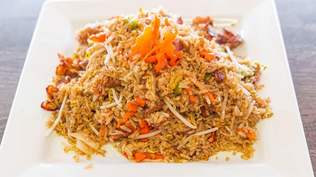 Bacon Fried Rice · Served with bacon. Fried rice, egg, garlic, carrots, green onions and bean sprouts. Extra charge to add protein.