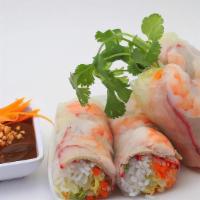 Fresh Spring Rolls (2) · Fresh spring rolls filled with lettuce, cilantro, pickled carrots wrapped in a steamed rice ...