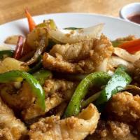 Salt & Pepper Calamari  · Green and red peppers, onions, pineapple, jalapeno peppers.