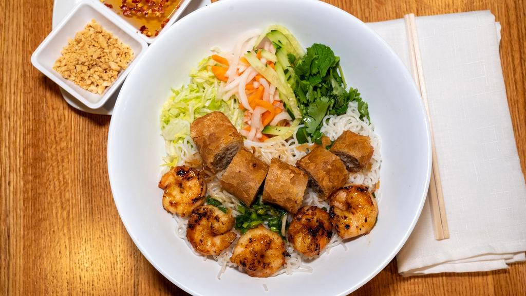 Vietnamese Salad · Vermicelli noodles, a side of lettuce, cucumbers, cilantro, pickled diakon and carrots, crushed peanuts and fish sauce and a choice of your protein.