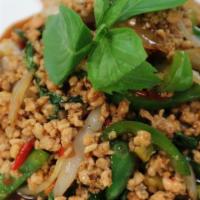 Spicy Basil Leaves · Hot and Spicy. Stir-fried with fresh basil leaves, onions, bell peppers, jalapeno and hot pe...